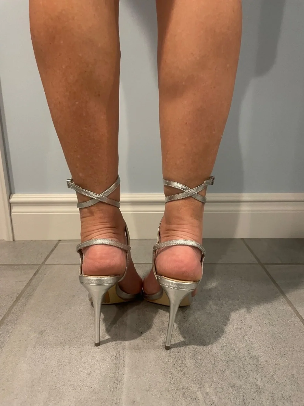 SAM EDELMAN Silver Double Ankle Wrap Heeled Sandals